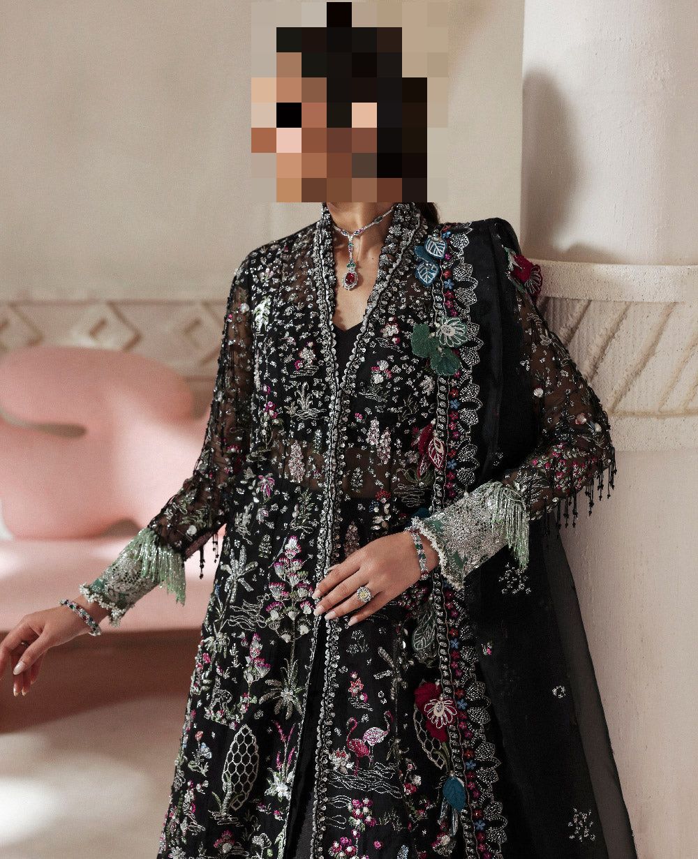 Fatima’s Black Teal Embroidered Party Dress