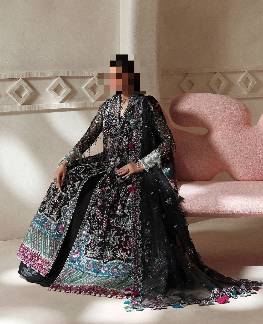 Fatima’s Black Teal Embroidered Party Dress
