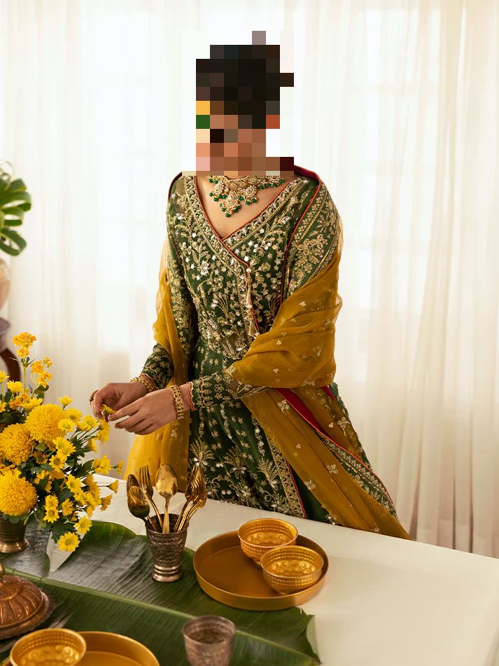 Fatima’s Bottle Green with Mustard Contrast Wedding Dress