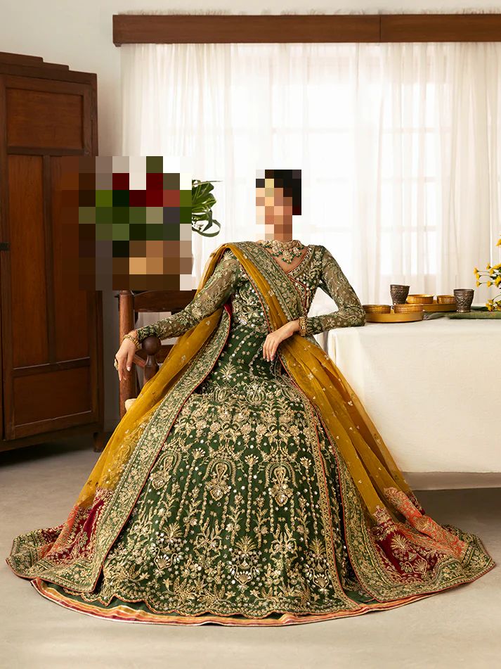 Fatima’s Bottle Green with Mustard Contrast Wedding Dress