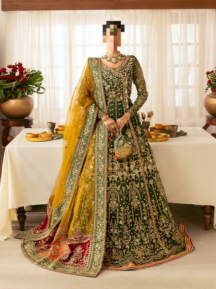 Fatima’s Bottle Green with Mustard Contrast Wedding Dress