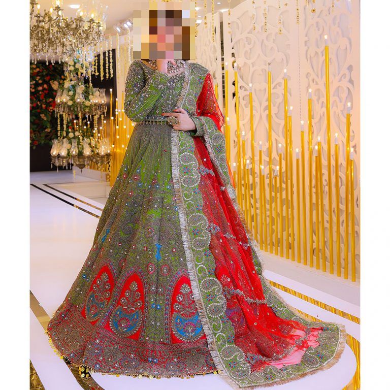 Fatima’s Heritage Green Wedding Dress with Red Dupatta