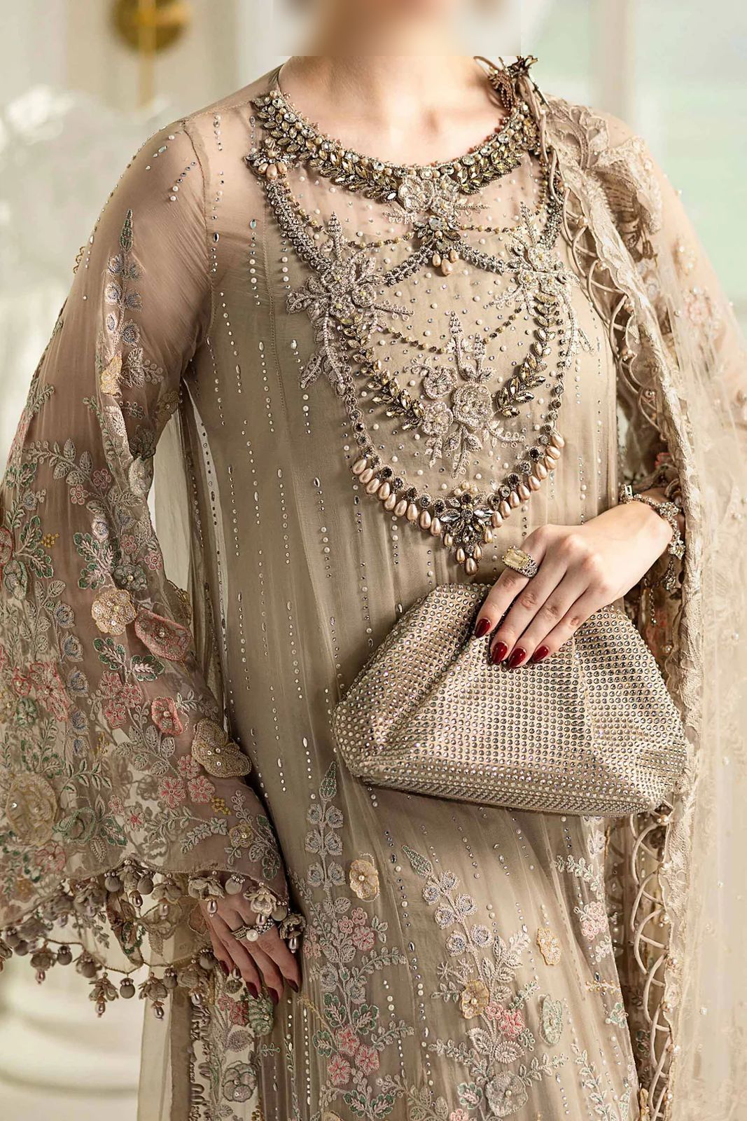 Fatima’s Soft Taupe Pearl Party Dress