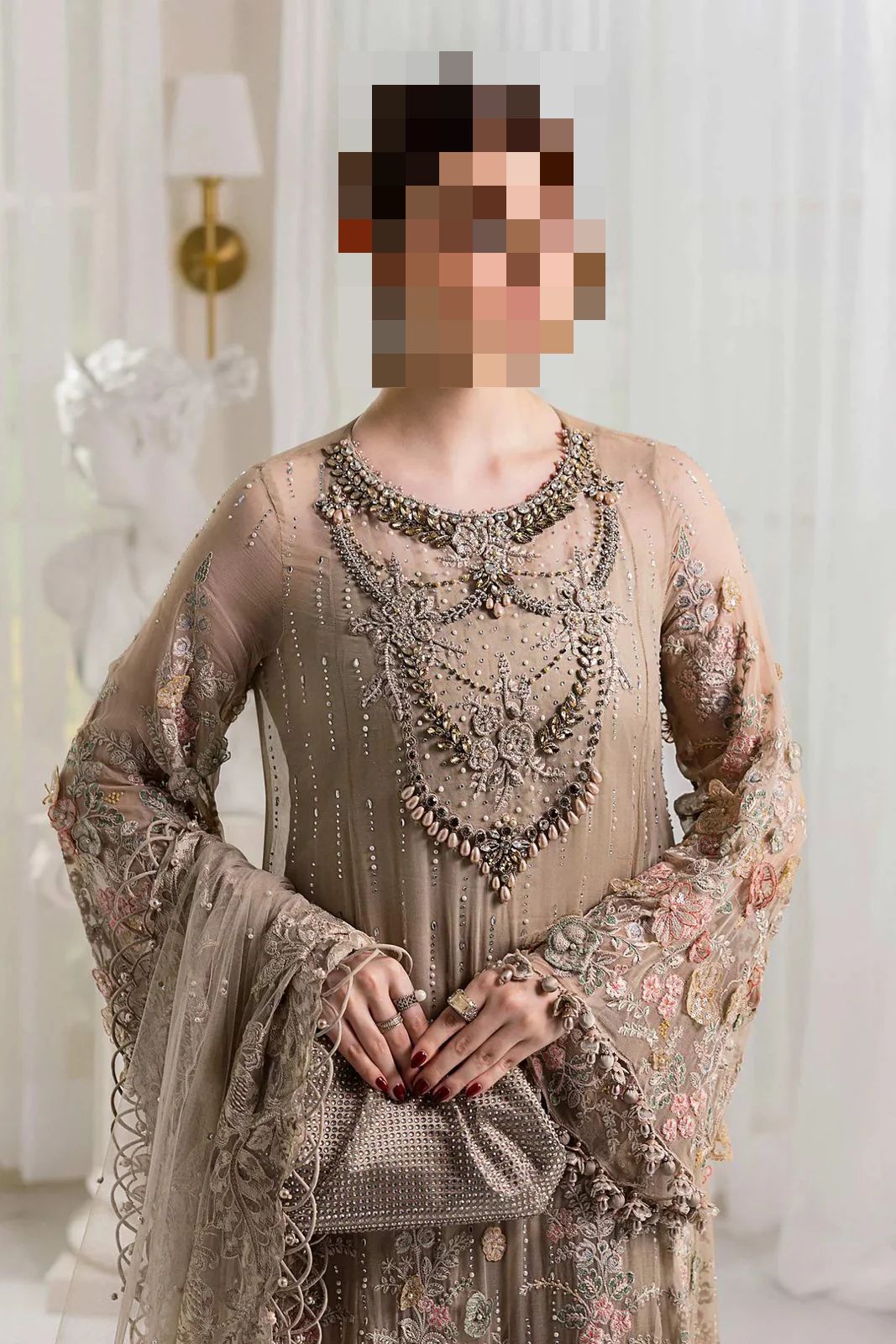 Fatima’s Soft Taupe Pearl Party Dress