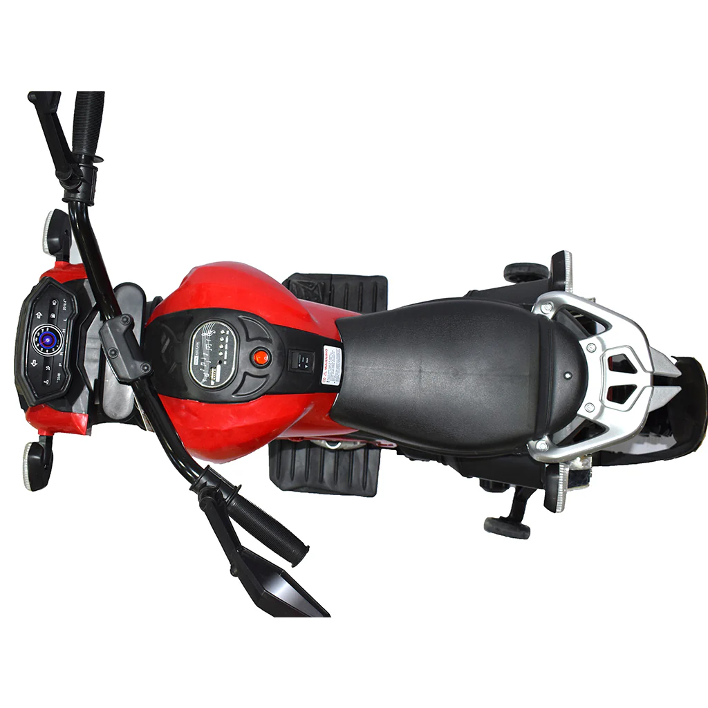 Kids electric moto with stable four-wheel design and remote supervision