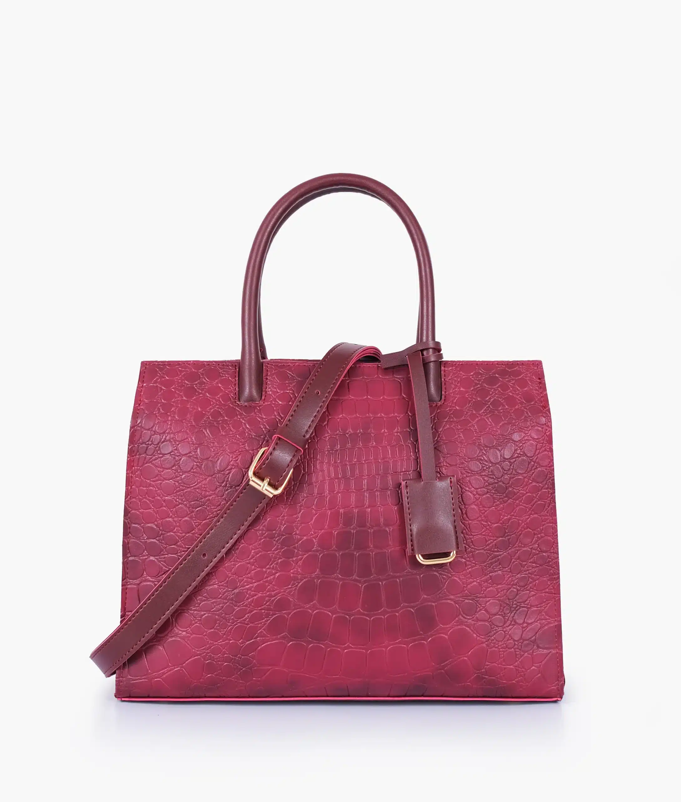 Burgundy crocodile texture handbag with structured design and elegant finish