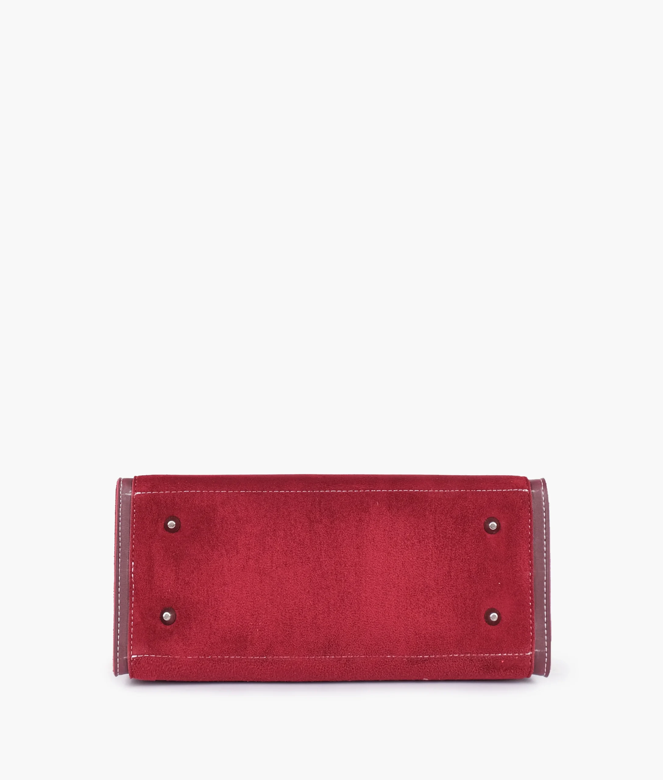 Elegant burgundy handbag with adjustable strap and premium suede texture