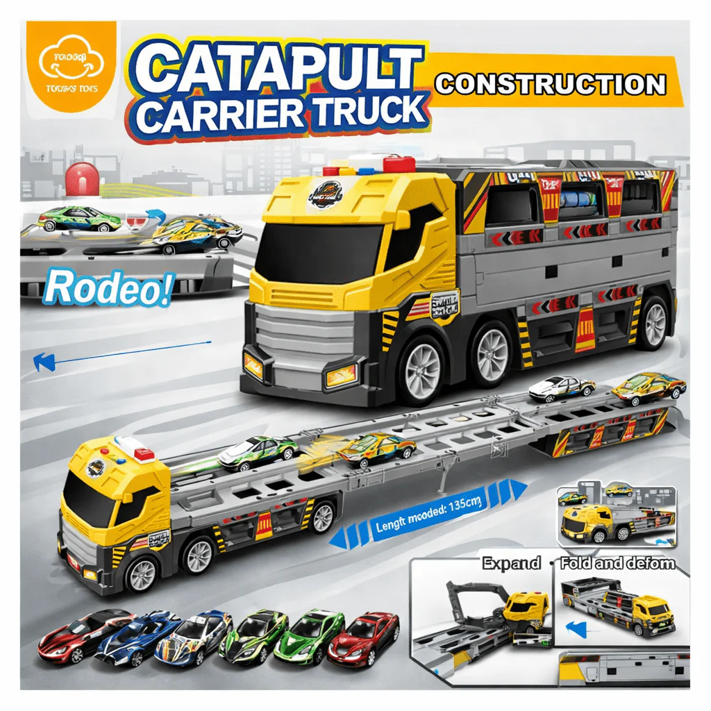 Expandable toy carrier truck with catapult launch and lights for children