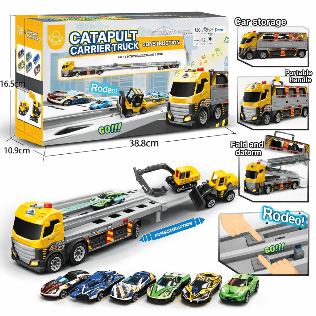 Catapult construction carrier truck playset with racing cars for kids