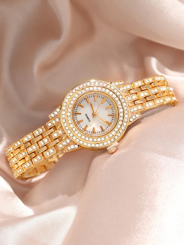 Charming Shein Gold Steel Diamond Watch & Bracelet Set