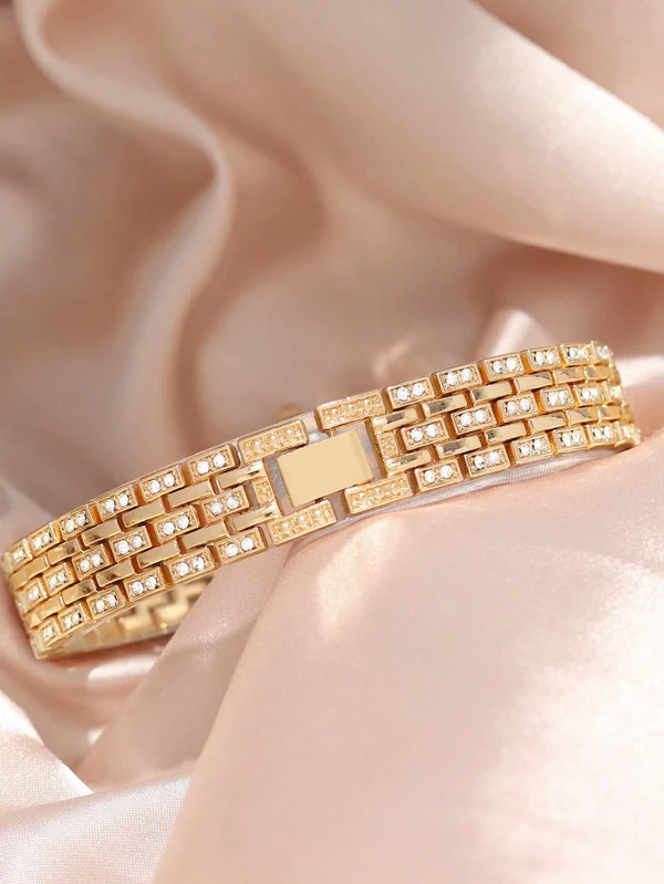 Charming Shein Gold Steel Diamond Watch & Bracelet Set