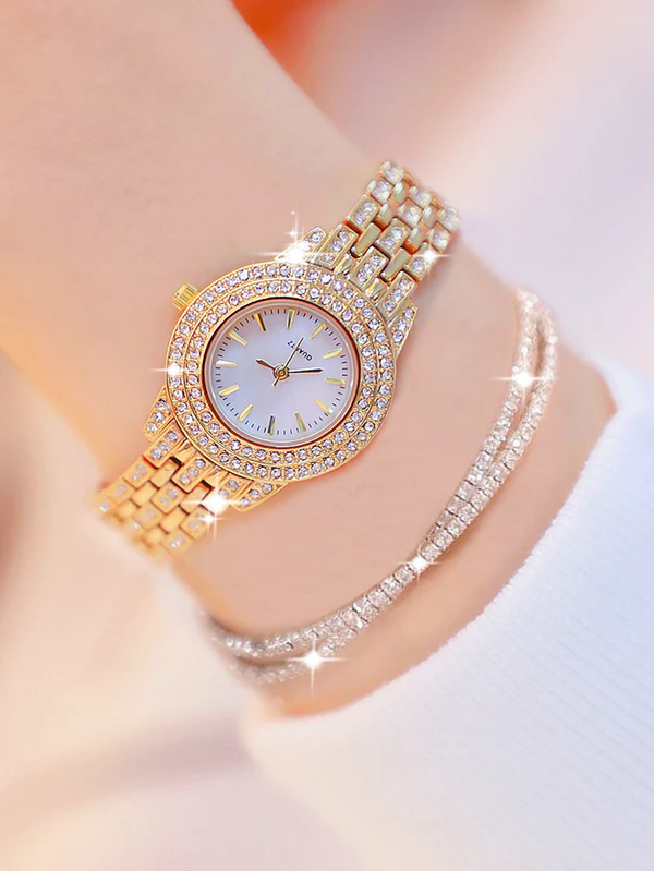 Charming Shein Gold Steel Diamond Watch & Bracelet Set