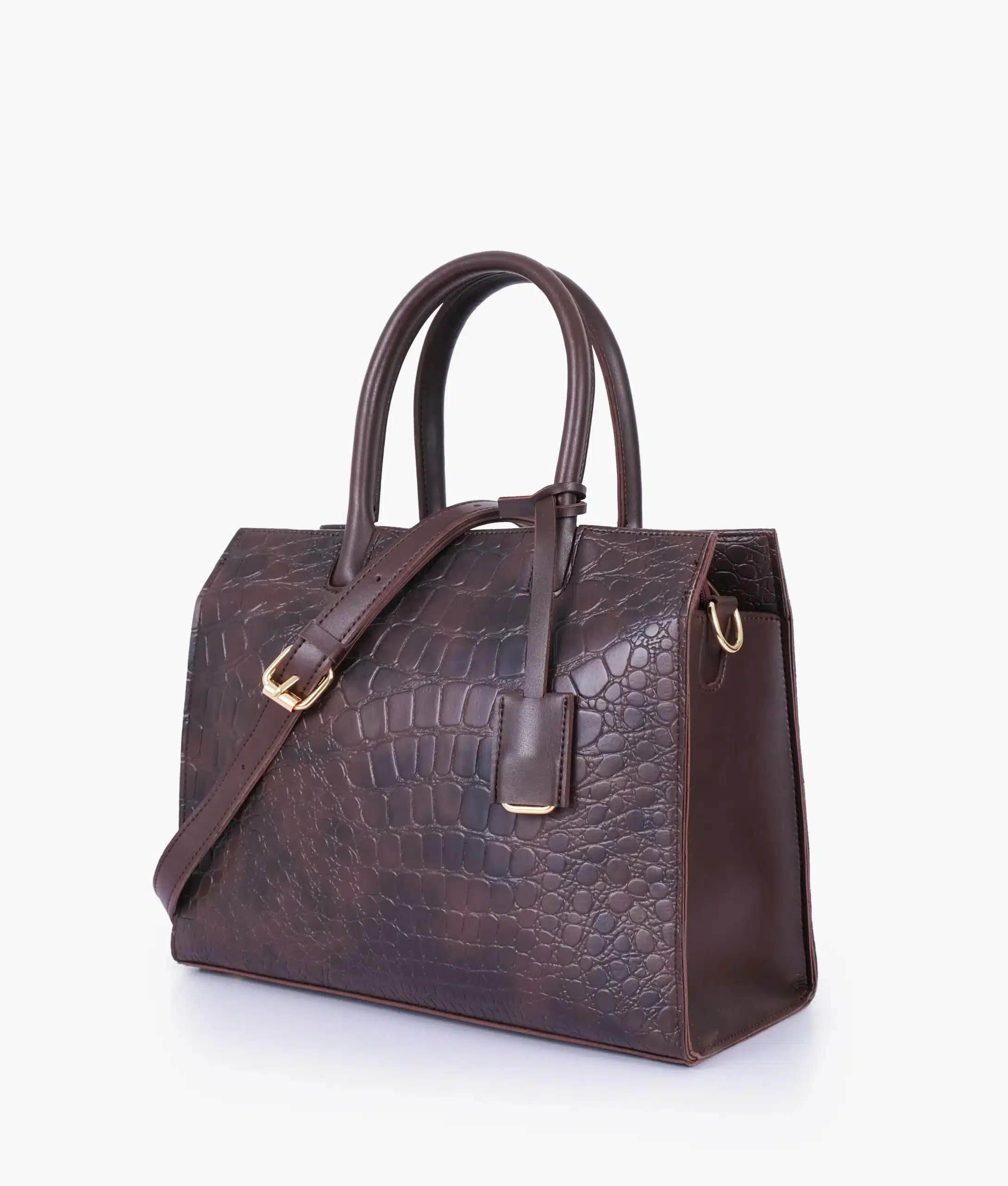 Dark brown crocodile texture handbag with structured design and elegant finish