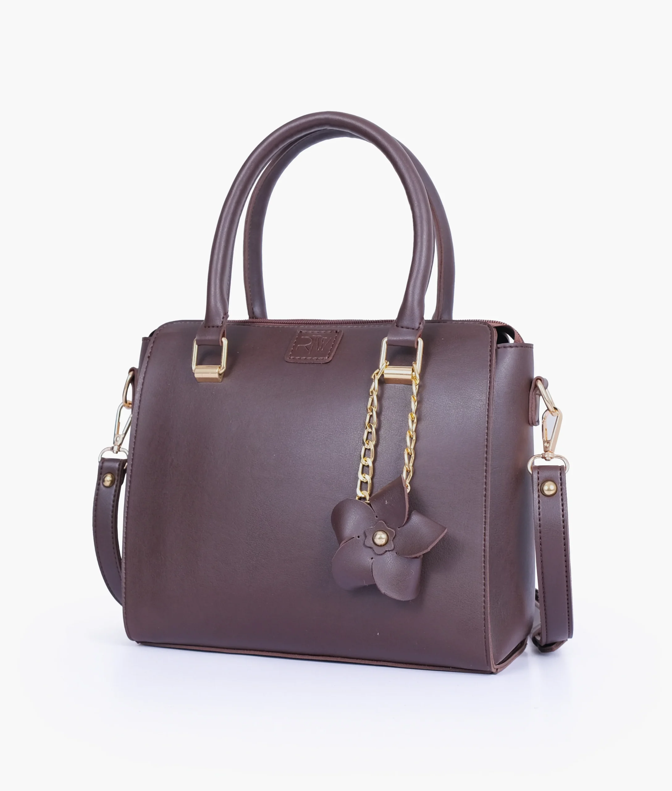 Dark Brown Handbag with Flower Charm