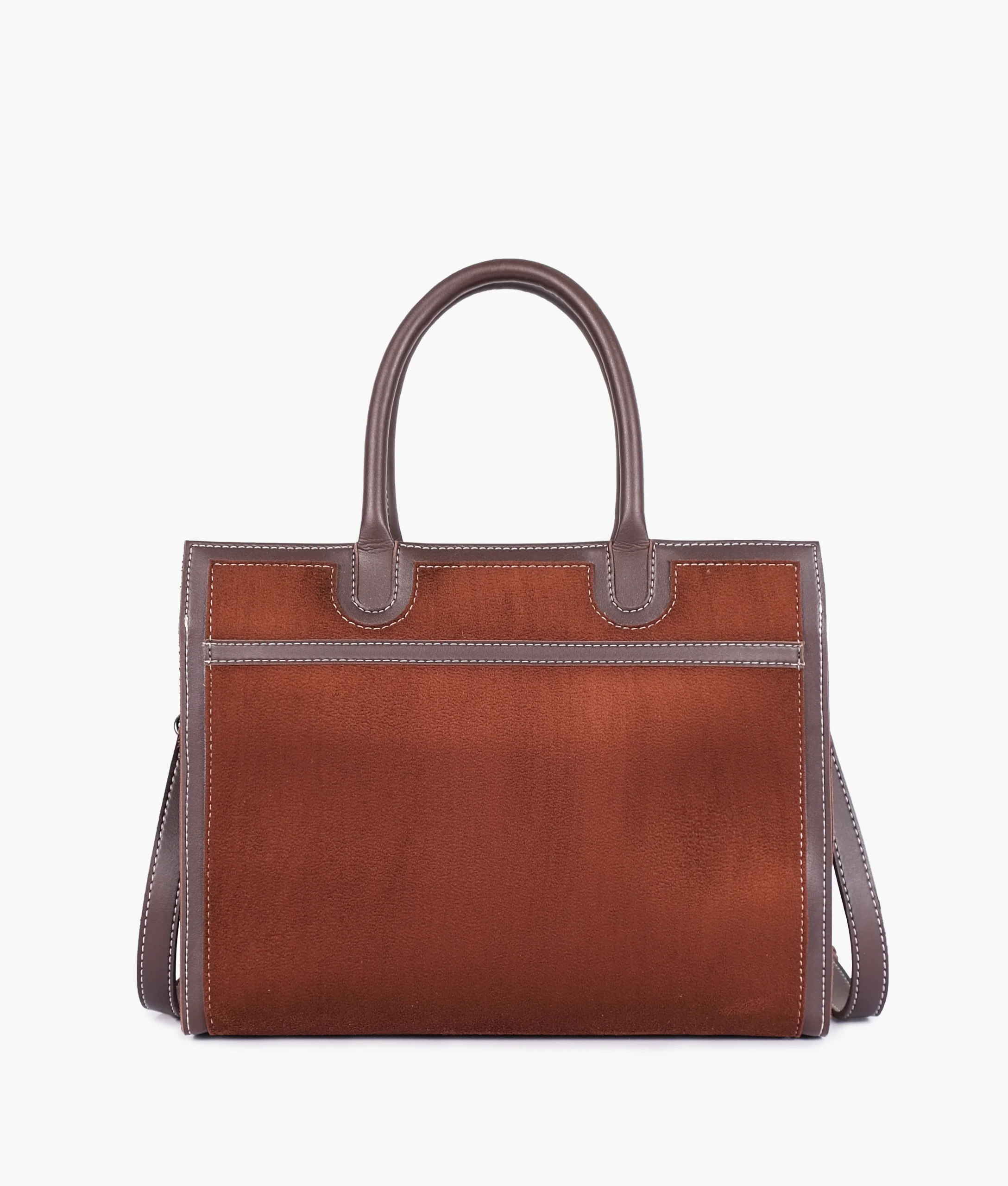 Dark brown suede vintage handbag with structured design and multiple compartments