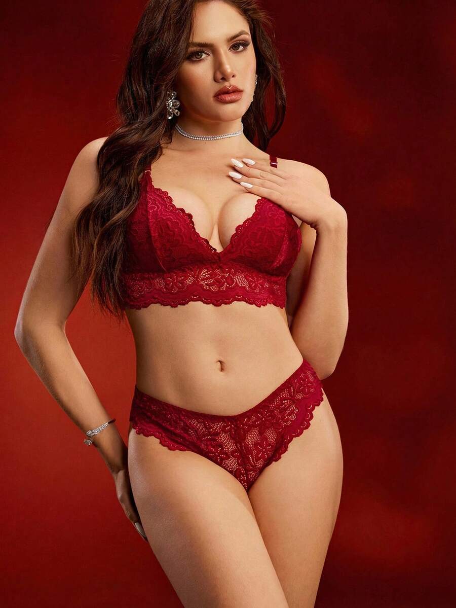Deep V Push-Up Lace Bra and Panty Set
