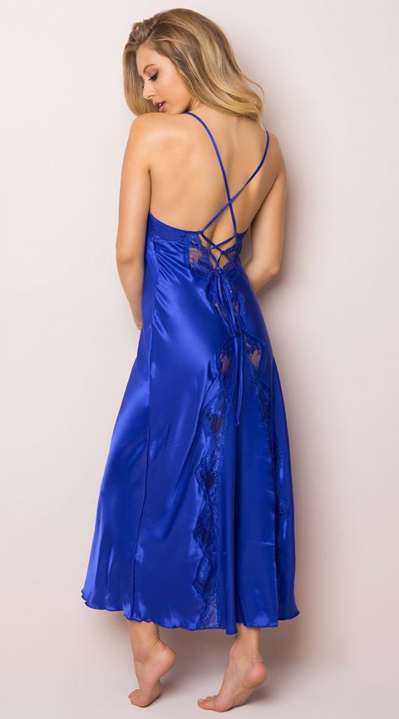 Elegant Enchanting Satin and Lace Long Gown designed with smooth satin fabric and delicate lace accents, creating a luxurious and romantic nightwear look.