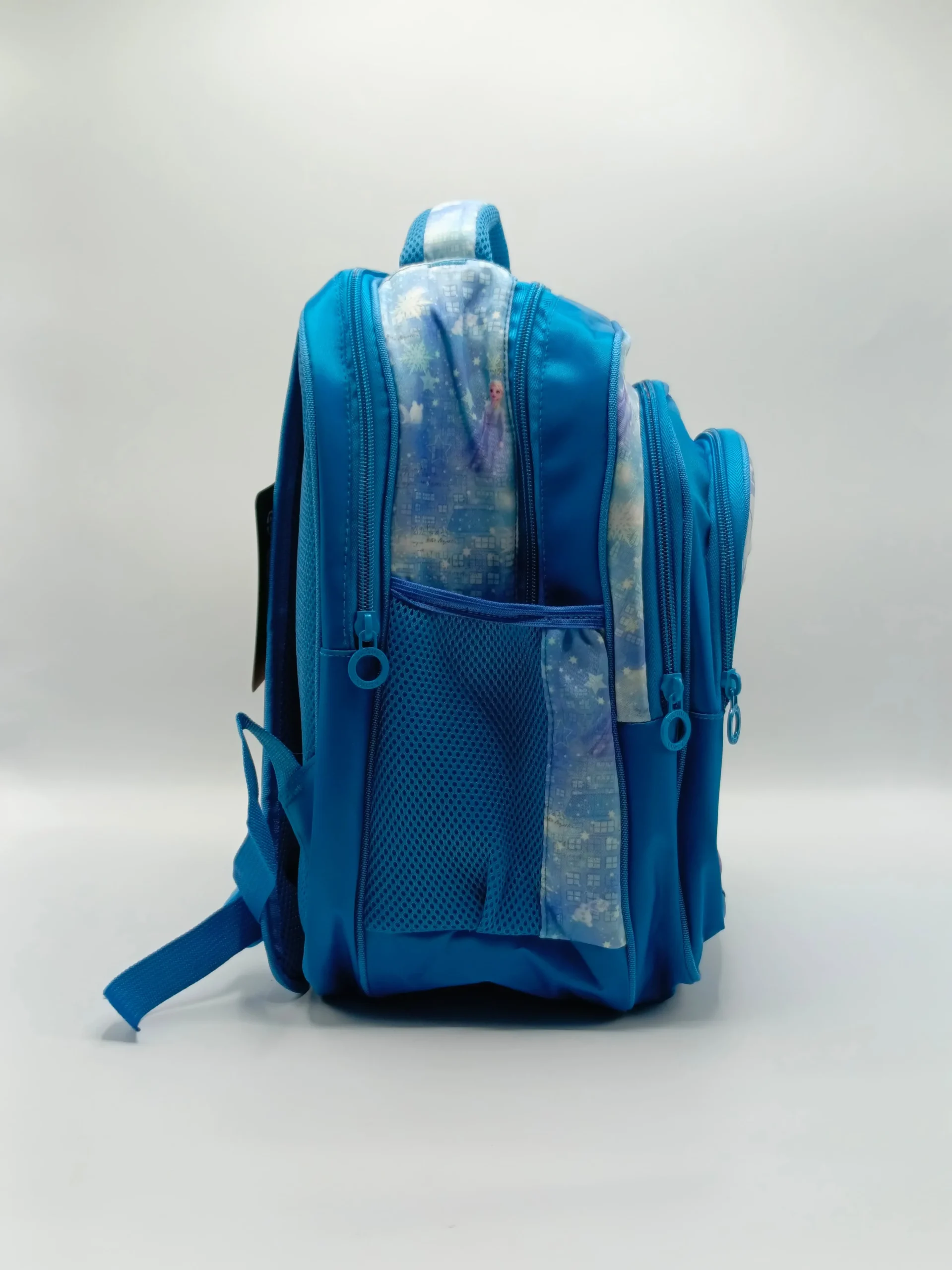 Stylish Frozen-Themed Blue School Backpack crafted with durable material, comfortable shoulder straps, and secure zip closures, perfect for school, travel, and daily activities.