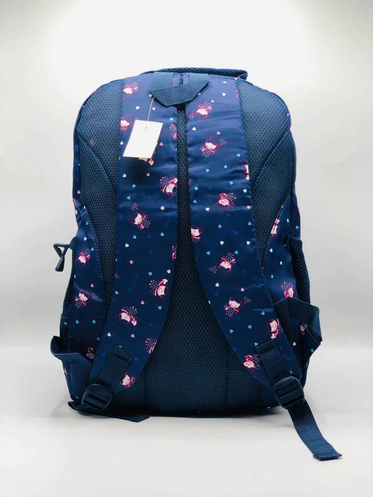 Durable and lightweight school backpack for girls with ergonomic padded straps and organized storage sections, titled 'Happy Time'.