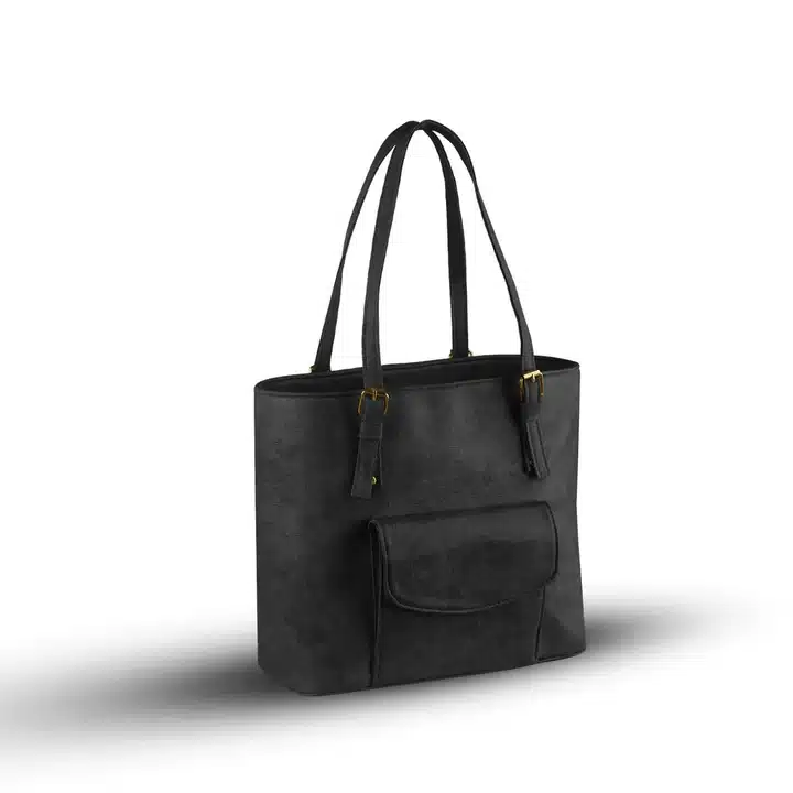 Elegant black faux leather tote bag with large capacity and sleek finish