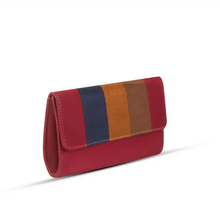 Maroon clutch with compact design and smooth faux leather finish