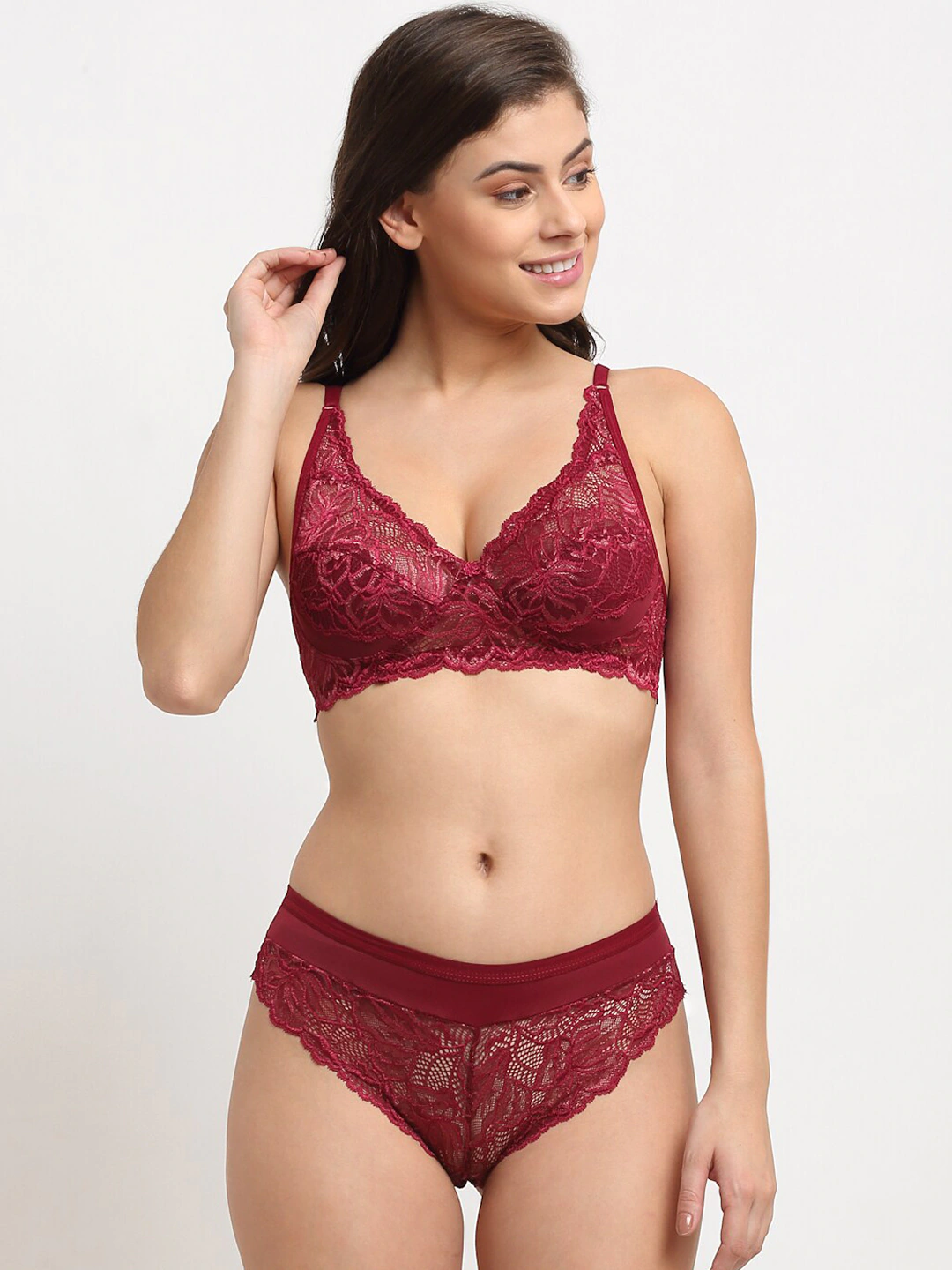 Elegant Maroon Self Design Non Padded Women Bra Set featuring a rich maroon tone and self-design texture for a stylish and comfortable everyday fit.