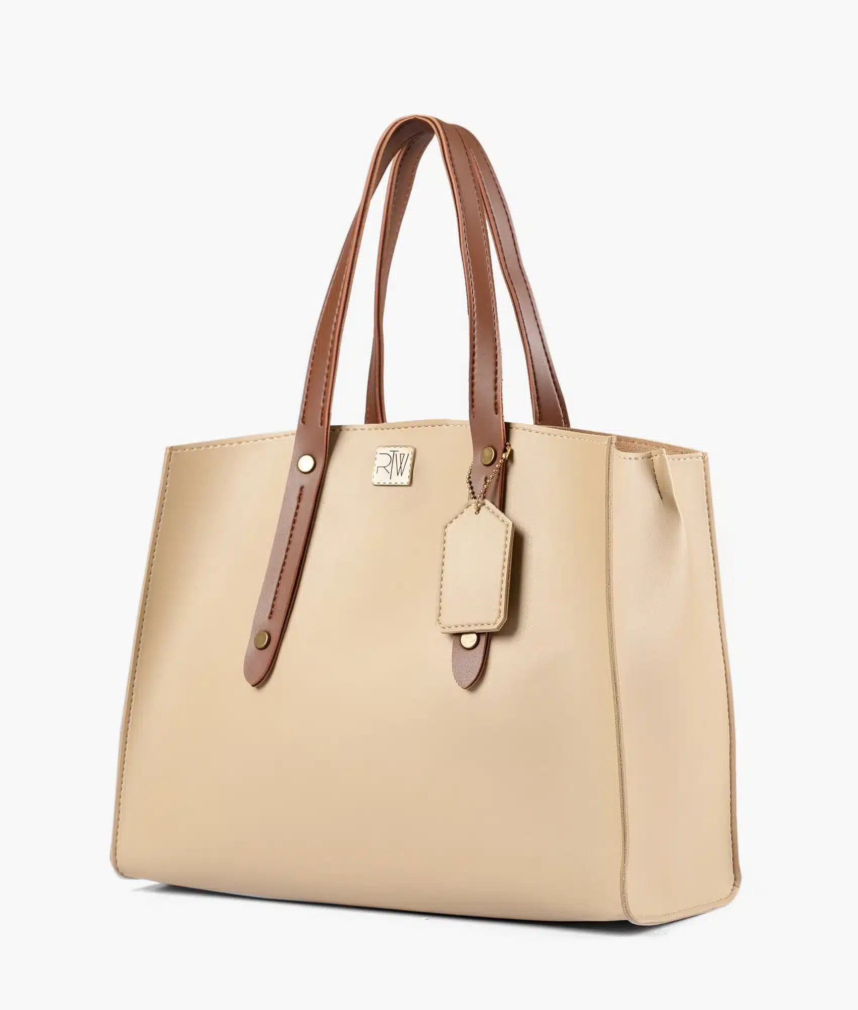 Off-White with Brown Multi-Compartment Satchel Bag