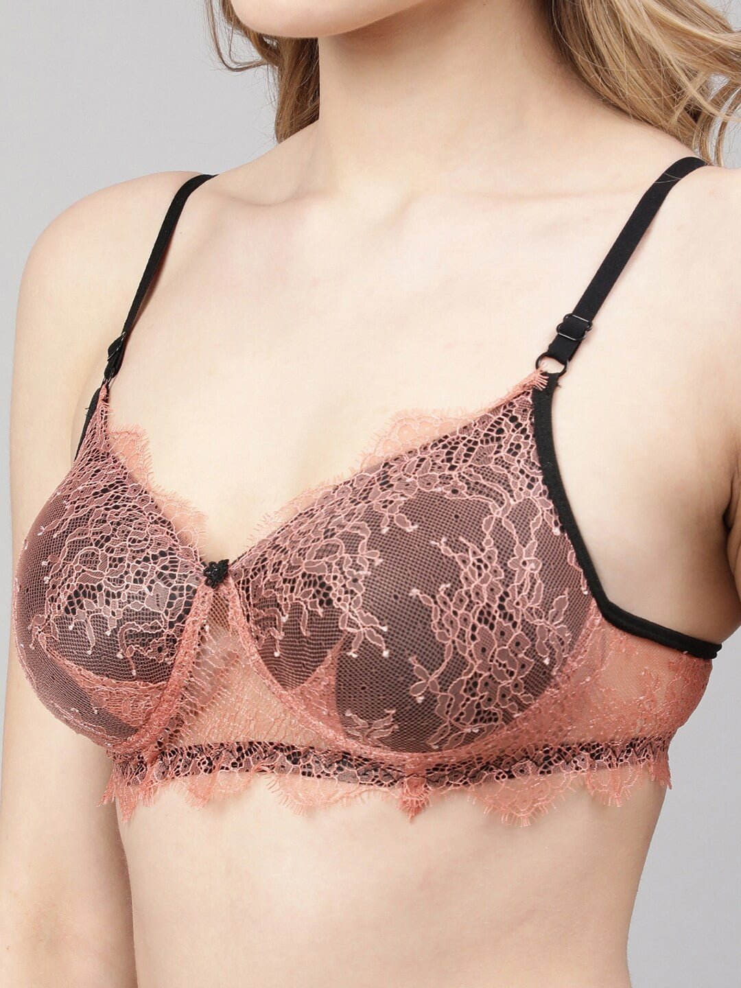 Trendy Orange Black Padded Lace T-Shirt Bra Panty Set with a bold color combination and delicate lace detailing, perfect for a confident and modern innerwear look.