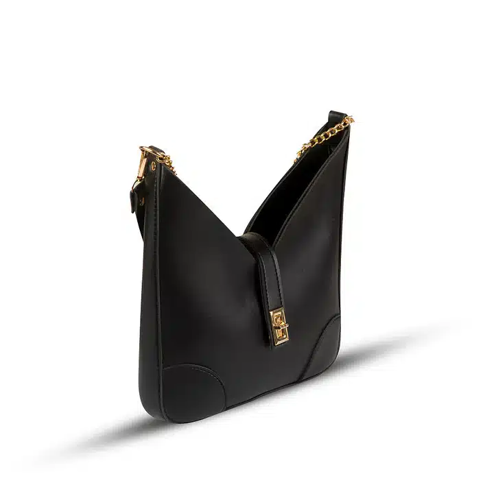 Black handbag with slim structured design and premium faux leather finish