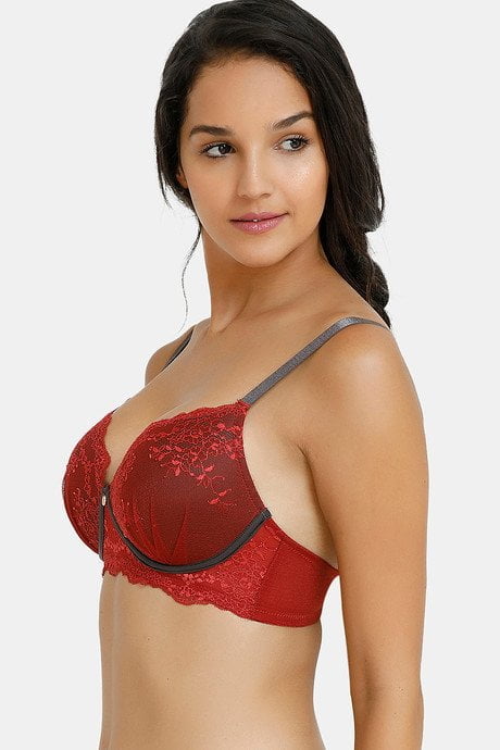 Elegant Stir Padded Wirefree Neck Lace Bra Merlot designed with soft padding and a rich merlot shade, enhanced by a delicate lace neckline for a graceful look.