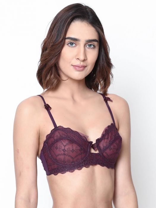 Elegant Susie Maroon Mesh Bridal Bra designed with rich maroon tones and delicate mesh detailing, offering a romantic and luxurious bridal lingerie look.