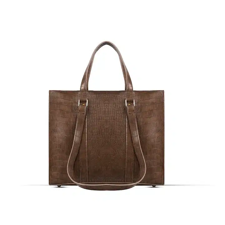 Choco brown handbag set with tote and crossbody in embossed faux leather