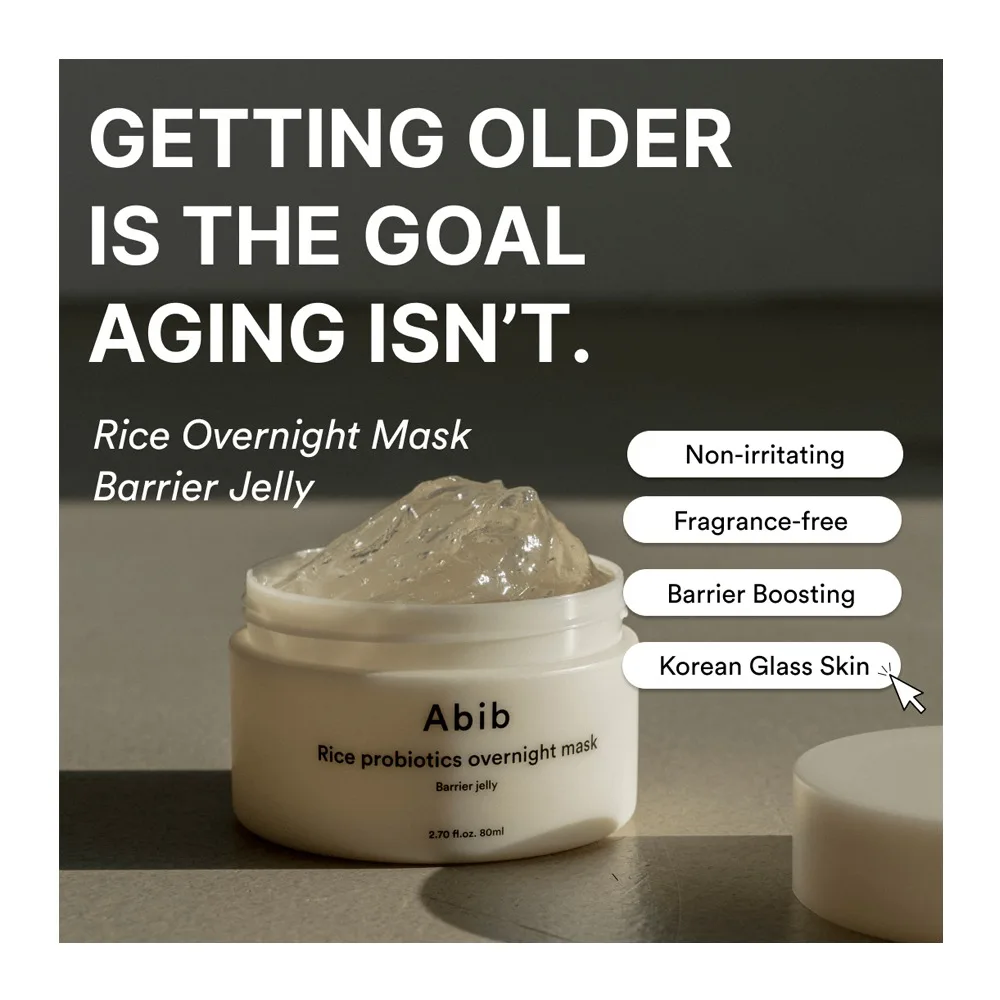 Side view of abib rice probiotics barrier jelly overnight mask, overnight repair & hydration care, rice extract, 80ml