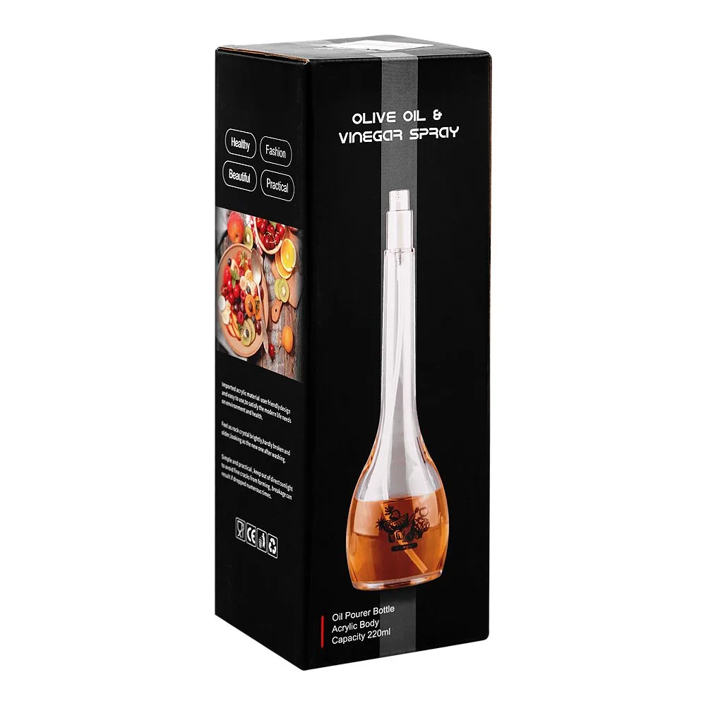 Side view of ajf acrylic body oil pourer bottle, 220ml