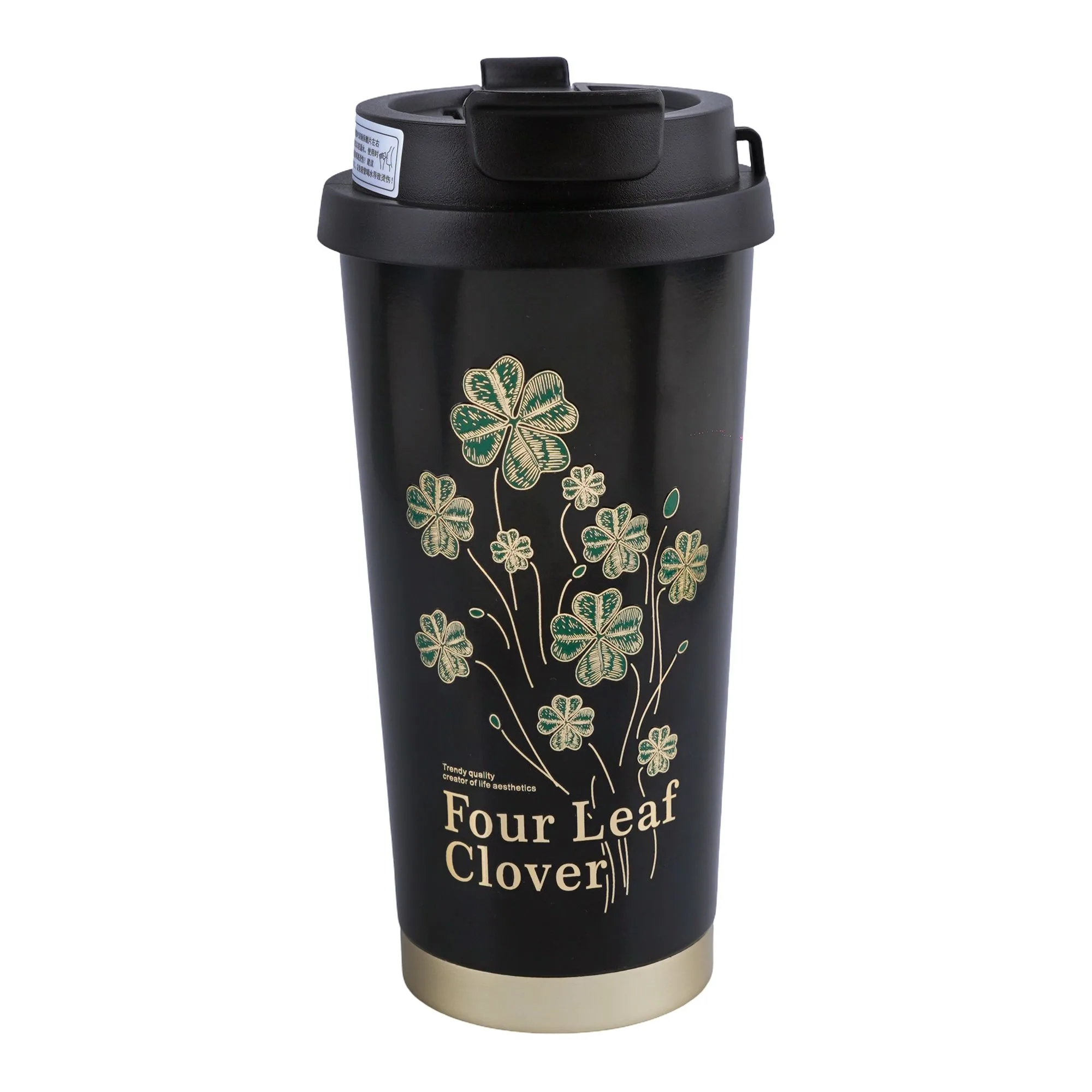 AJF Four Leave Clover Stainless Steel Vacuum Flask Mug, 520ml, Black