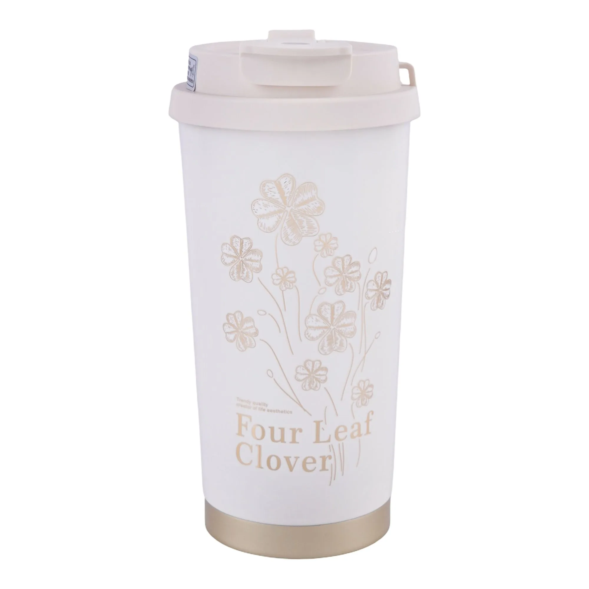 AJF Four Leave Clover Stainless Steel Vacuum Flask Mug, 520ml, Off White