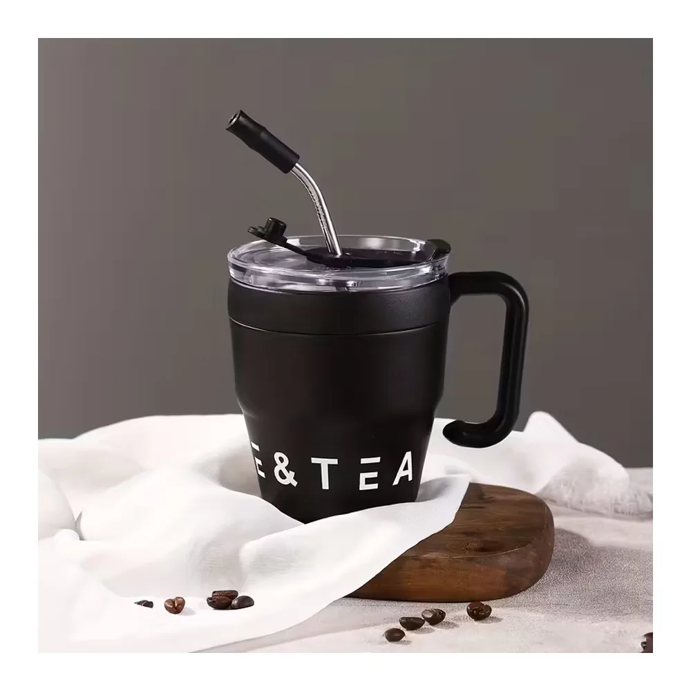 AJF Korean Insulated Stainless Steel Coffee Mug With Straw, 460ml, Black