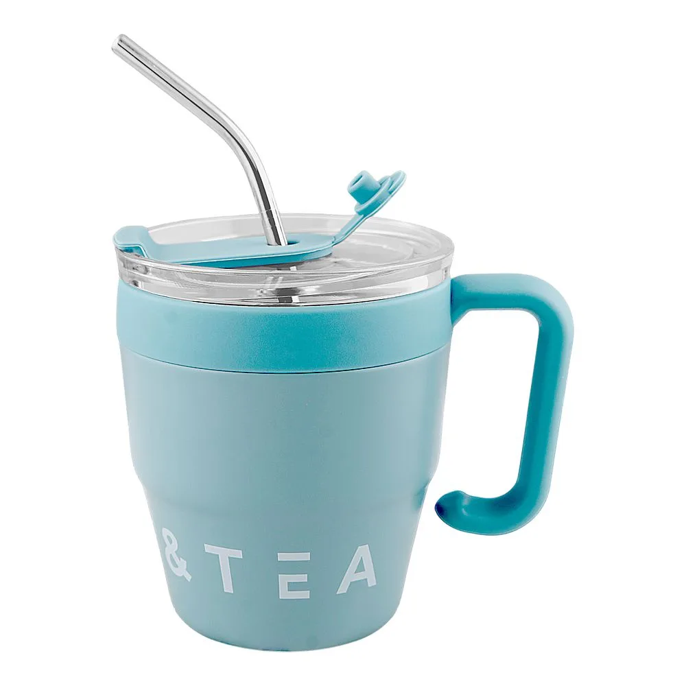 AJF Korean Insulated Stainless-Steel Coffee Mug With Straw, 460ml, Blue