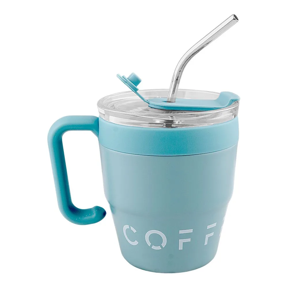 Side view of ajf korean insulated stainless-steel coffee mug with straw, 460ml, blue
