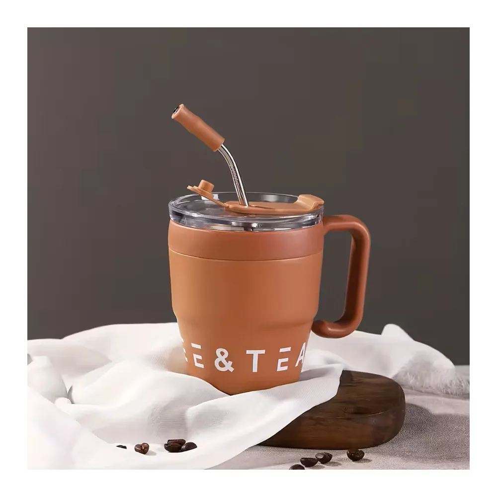 AJF Korean Insulated Stainless Steel Coffee Mug With Straw, 460ml, Brown