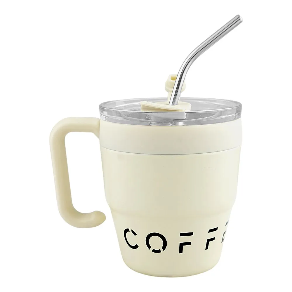 AJF Korean Insulated Stainless-Steel Coffee Mug With Straw, 460ml, Off White