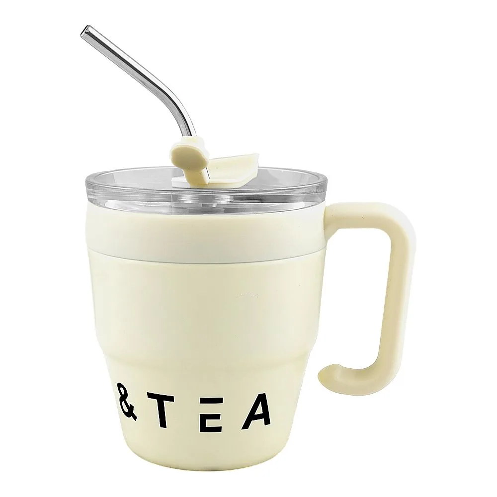 Side view of ajf korean insulated stainless-steel coffee mug with straw, 460ml, off white
