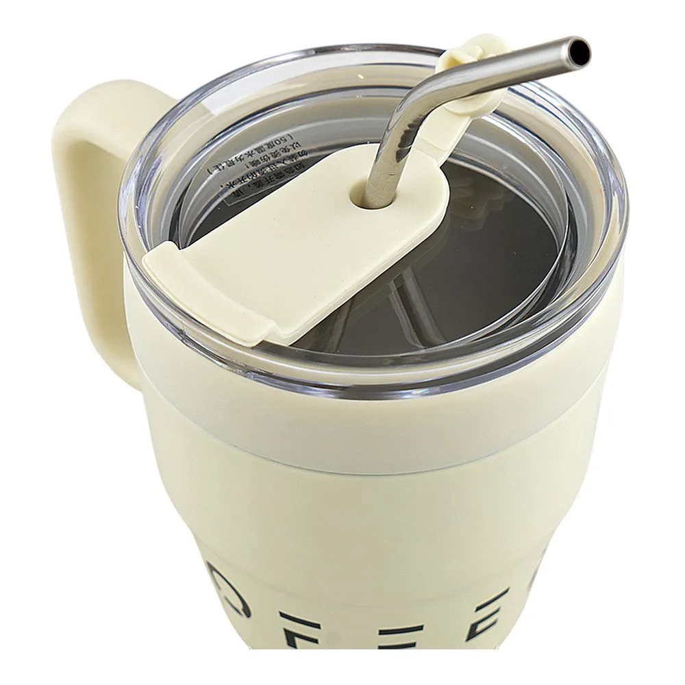 Comfortable casual ajf korean insulated stainless-steel coffee mug with straw, 460ml, off white