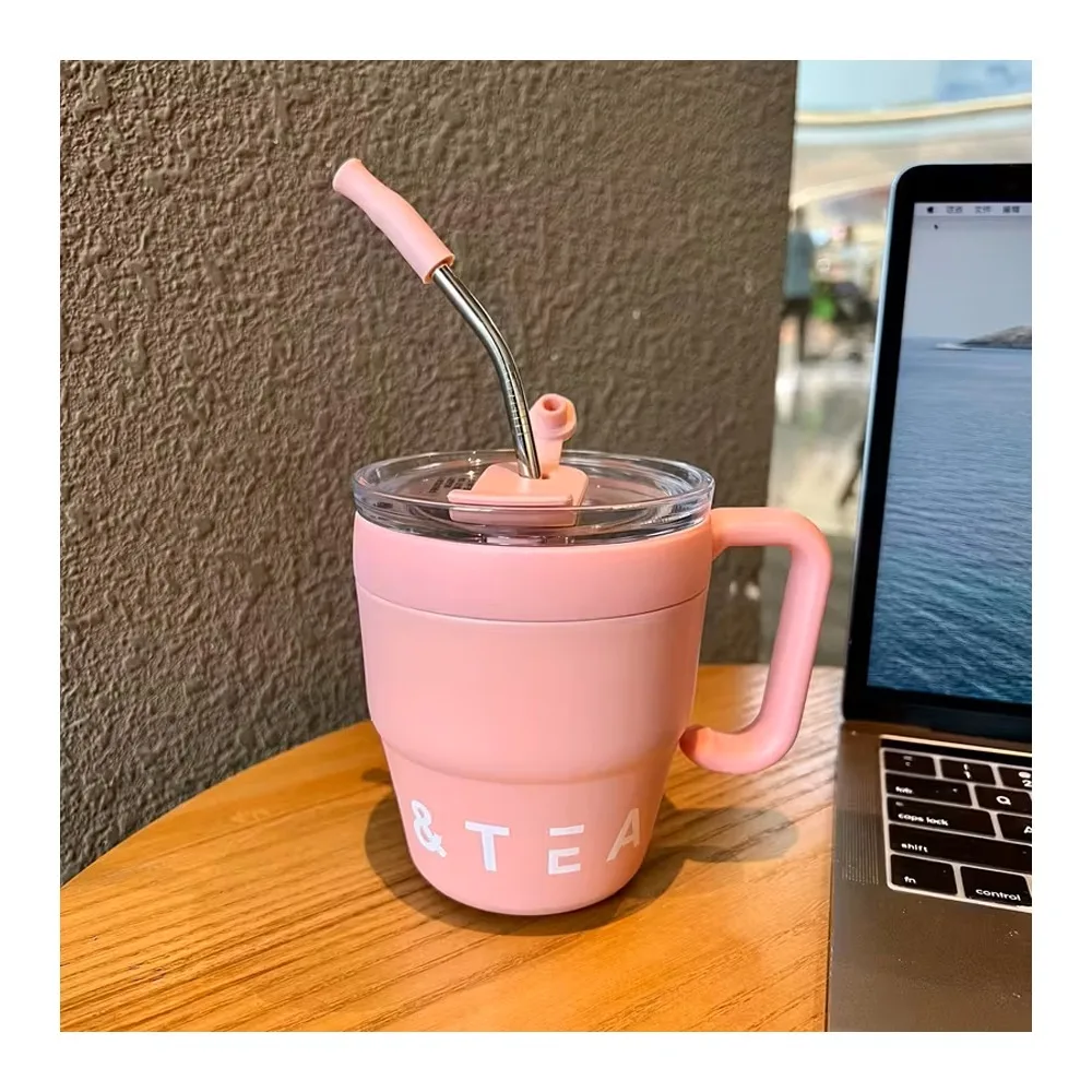 Side view of ajf korean insulated stainless steel coffee mug with straw, 460ml, pink