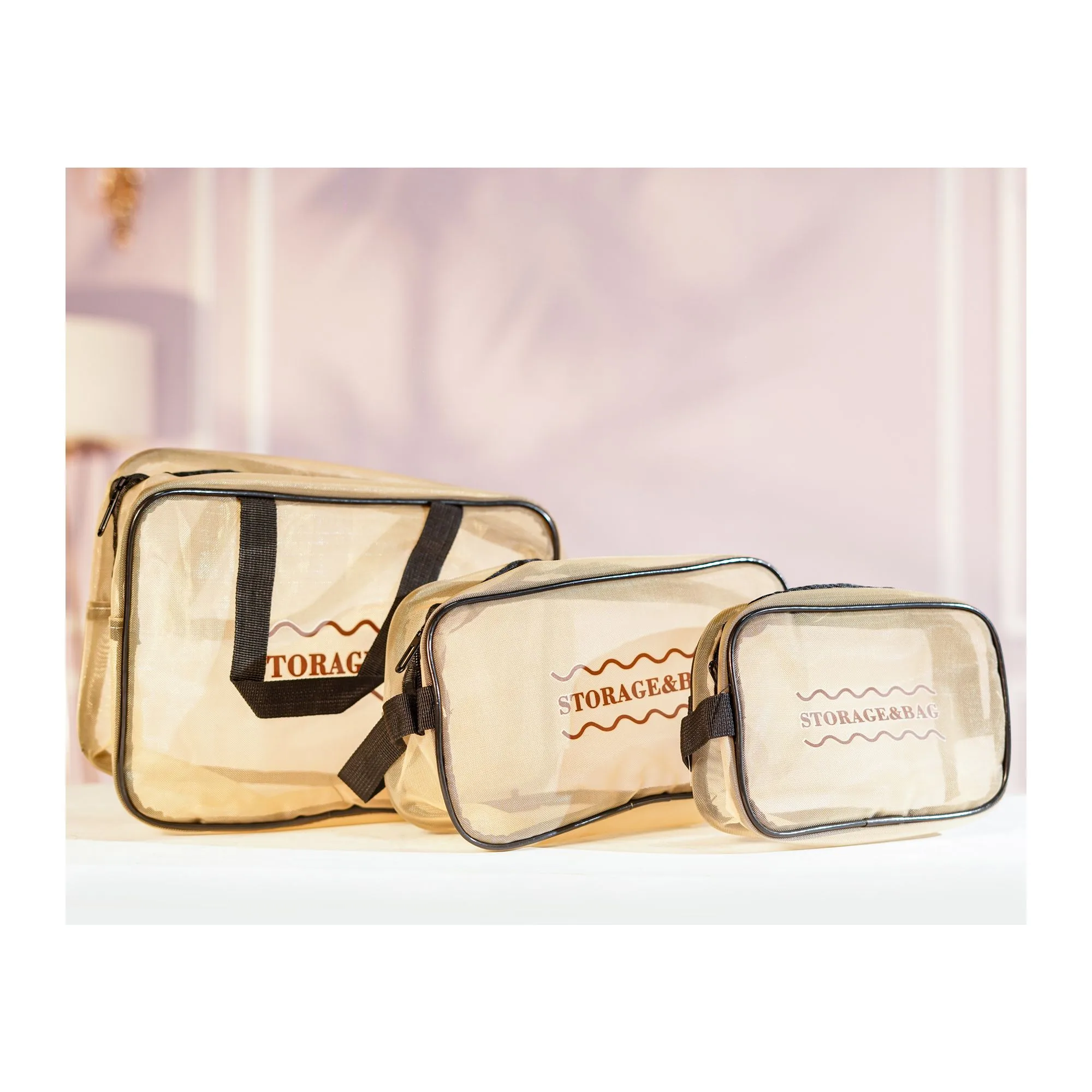 AJF Large Capacity Transparent Bag, Golden, 3-Pack