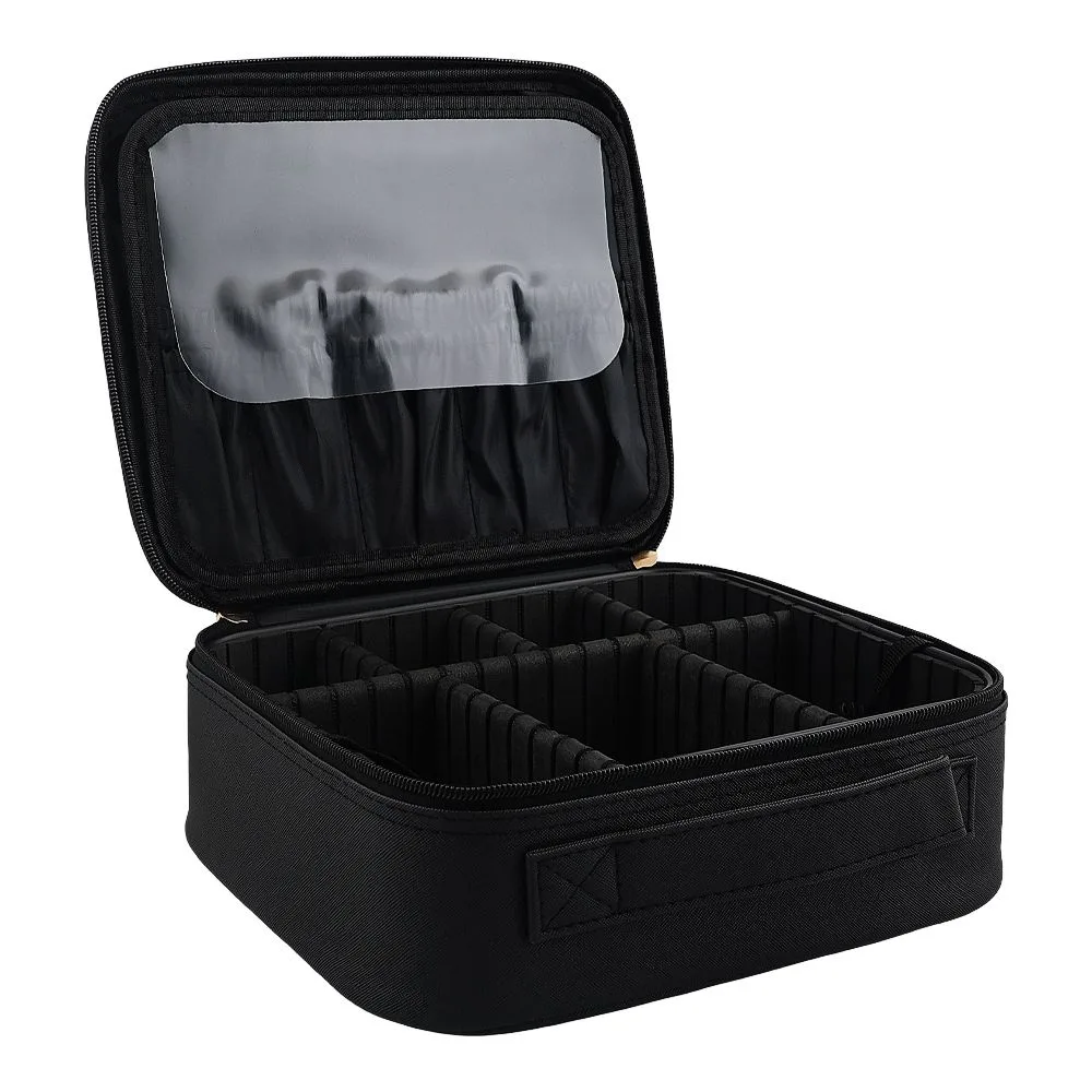 Side view of ajf makeup organizer with led mirror, black