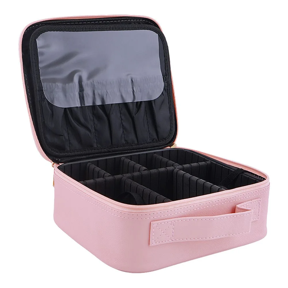 Side view of ajf makeup organizer with led mirror, pink