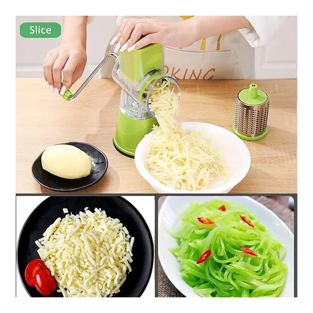 Side view of ajf multifunctional tabletop drum grater, 3-in-1 rotary shredder slicer grinder, assorted color
