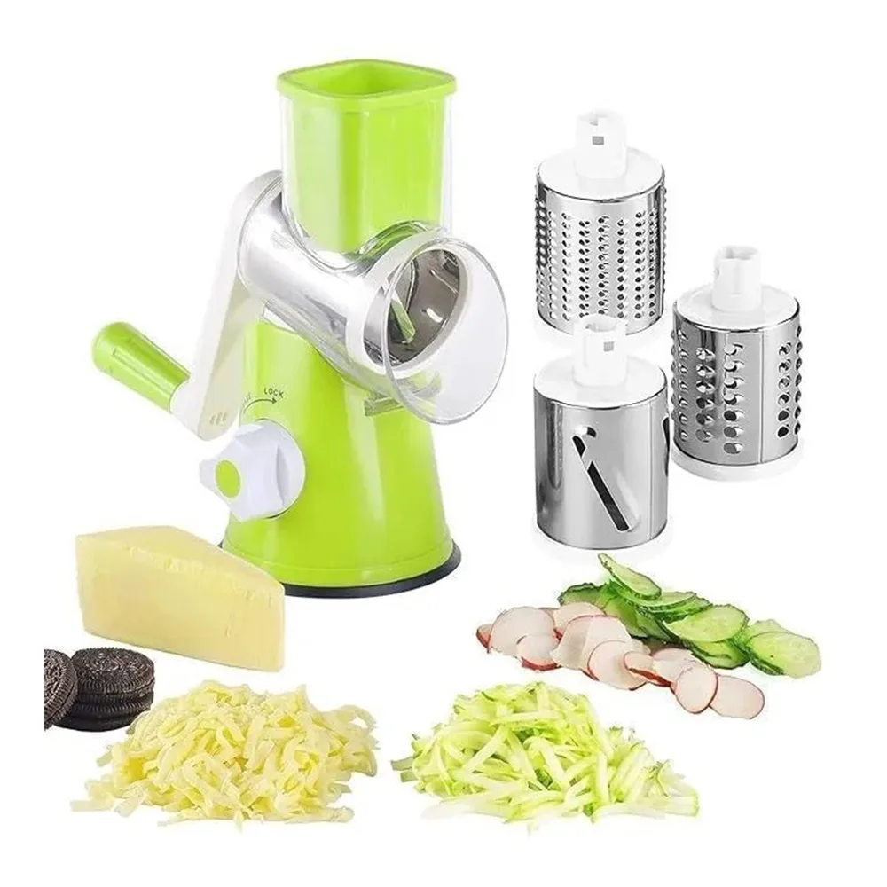Close-up design of ajf multifunctional tabletop drum grater, 3-in-1 rotary shredder slicer grinder, assorted color