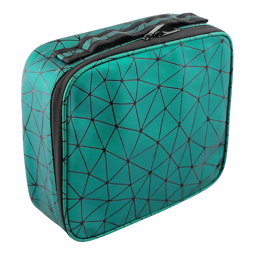 Side view of ajf pu diamond print cosmetic bag organizer, large, 25 x 22 x 8cm, green
